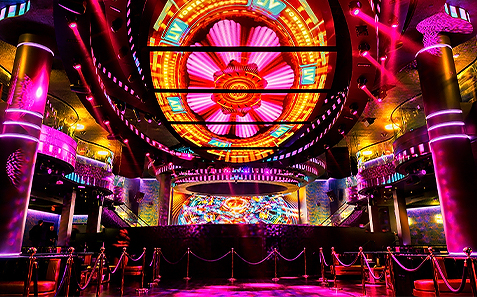 a stage with lights and a circular design
