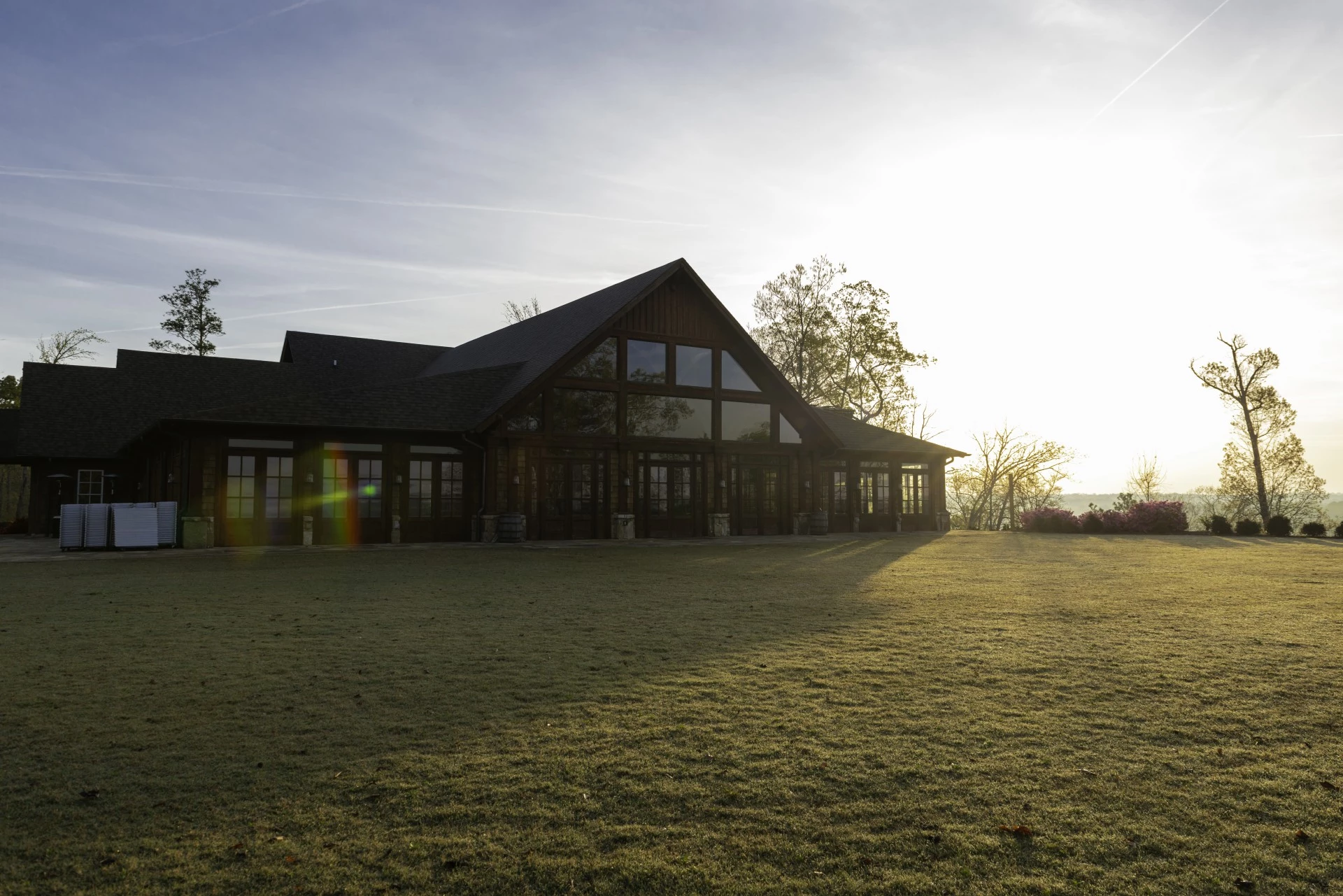 a large building with a large lawn