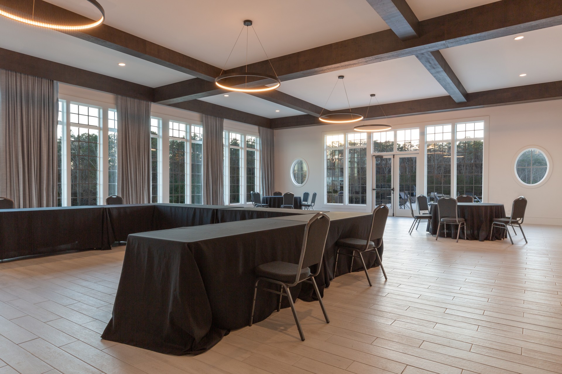 a room with tables and chairs