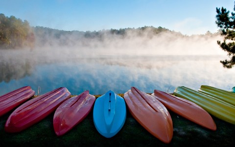 several boats on a shore by a lake