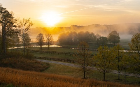 a fenced in pasture with trees and a sunset