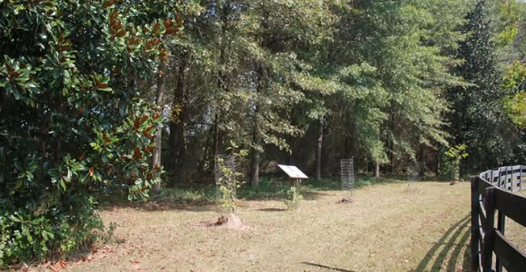 a field with trees and a sign