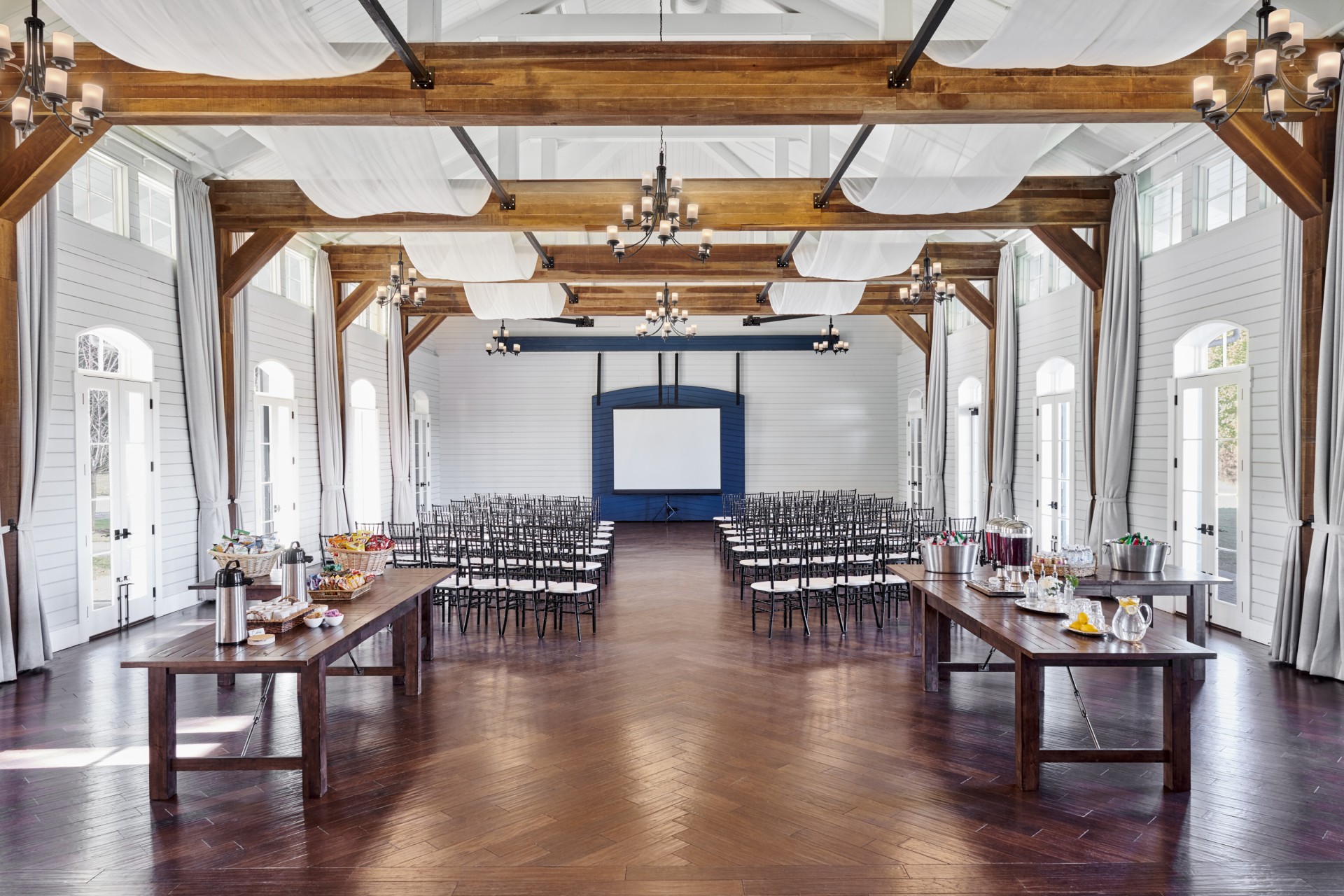 a room with tables and chairs