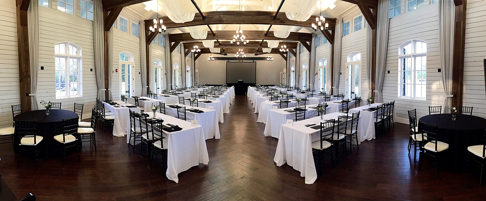 a room with tables and chairs