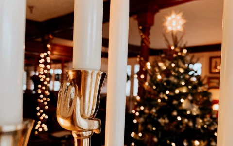a group of candles next to a christmas tree