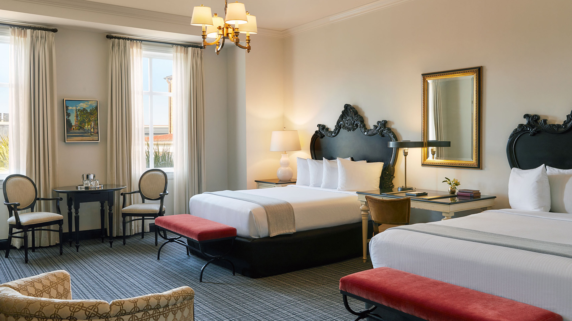 a room with a bed and a table