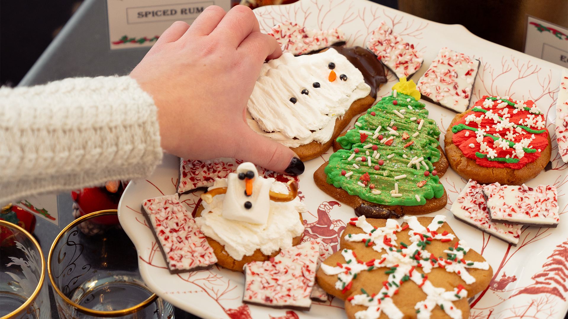 a hand holding a plate of decorated cookies