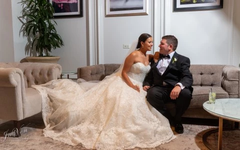 Bride and Groom in Hotel Lobby