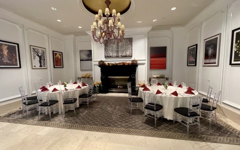 a room with tables and chairs