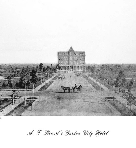 black and white shot of hotel in the distance