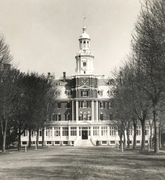 black and white image of old hotel building
