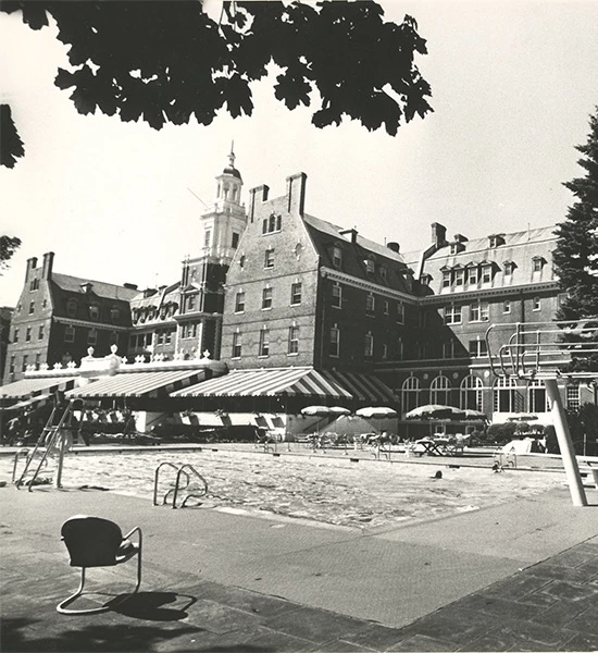 black and white image of old hotel building