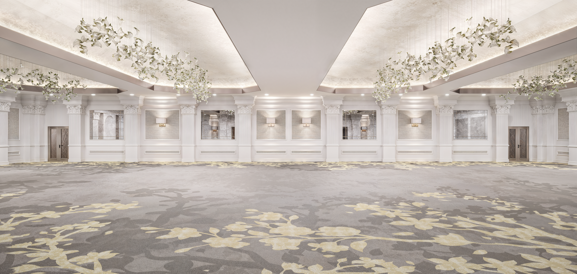 a room with columns and flowers