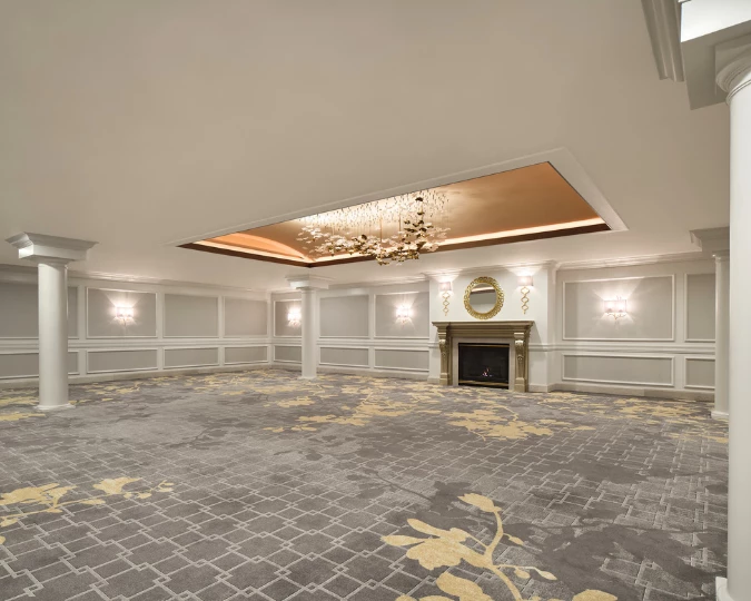 a room with a fireplace and chandelier