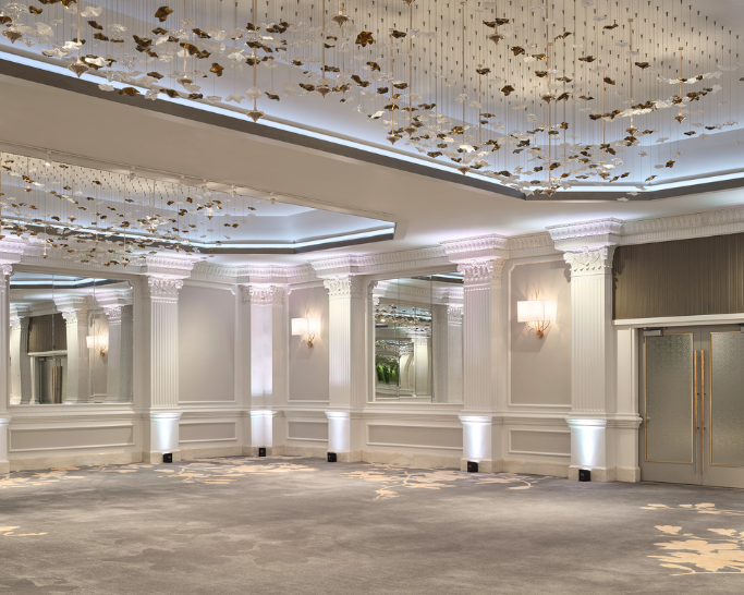 a room with columns and lights
