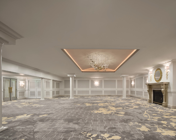 a room with a fireplace and columns