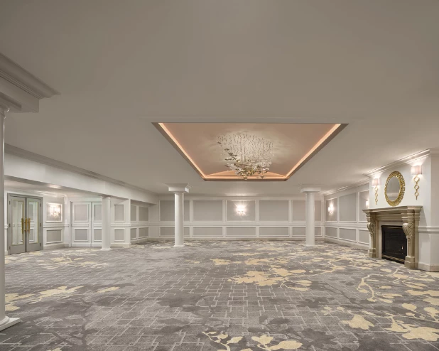 a room with a fireplace and columns