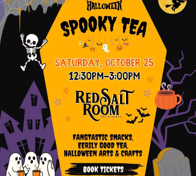 a poster for a halloween tea party