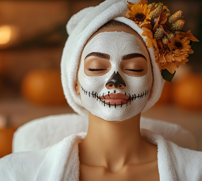 a woman with a mask on her face