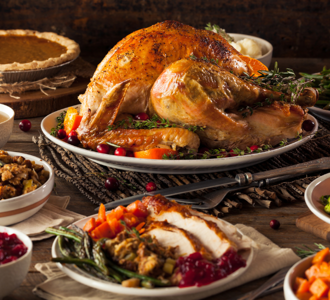 a turkey on a plate with food on it