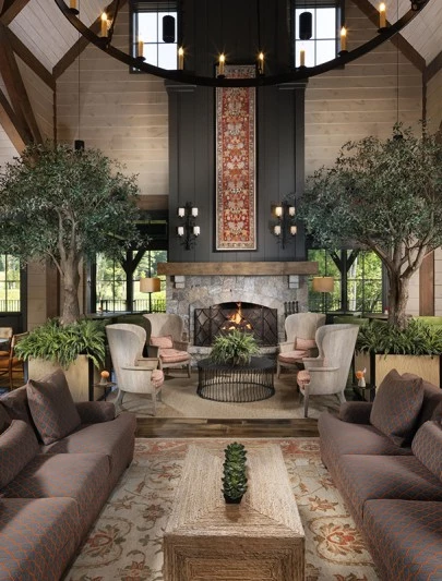 a room with a fireplace and furniture