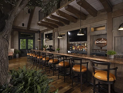 a bar with chairs and a tv in the middle