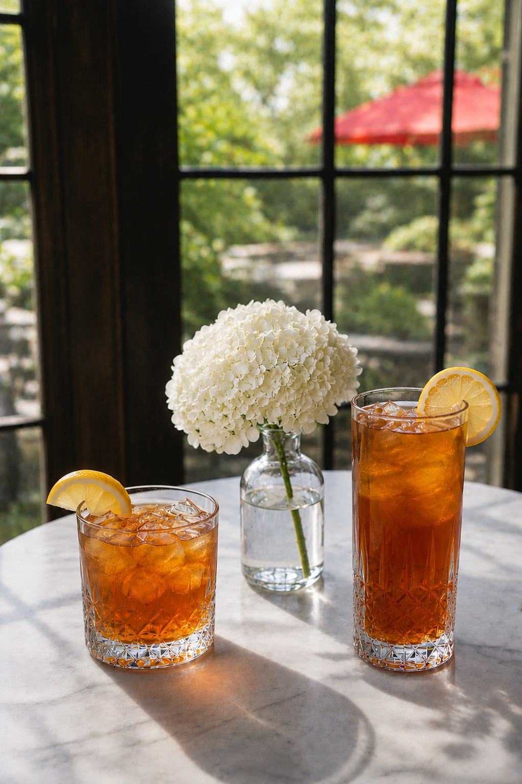 a group of glasses of ice tea and a vase of flowers