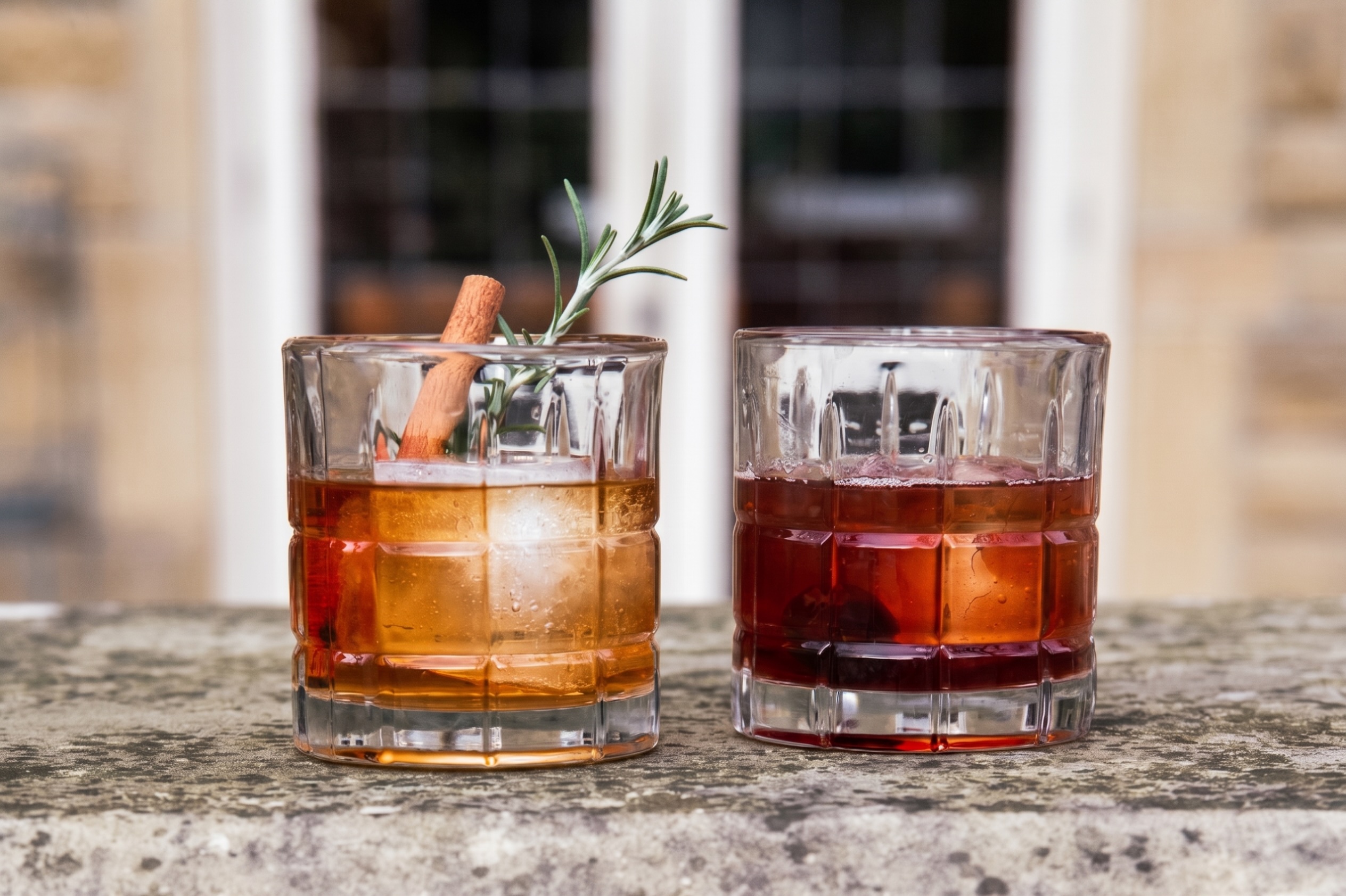 two glasses with brown liquid and a sprig of rosemary