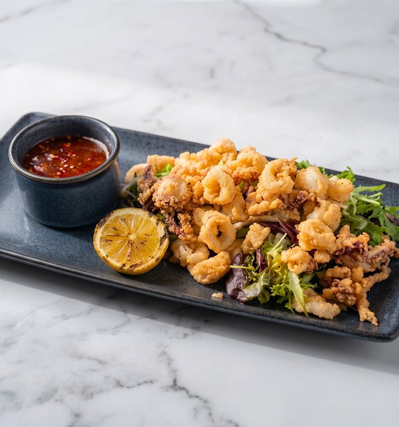 a plate of fried food with a lemon and sauce
