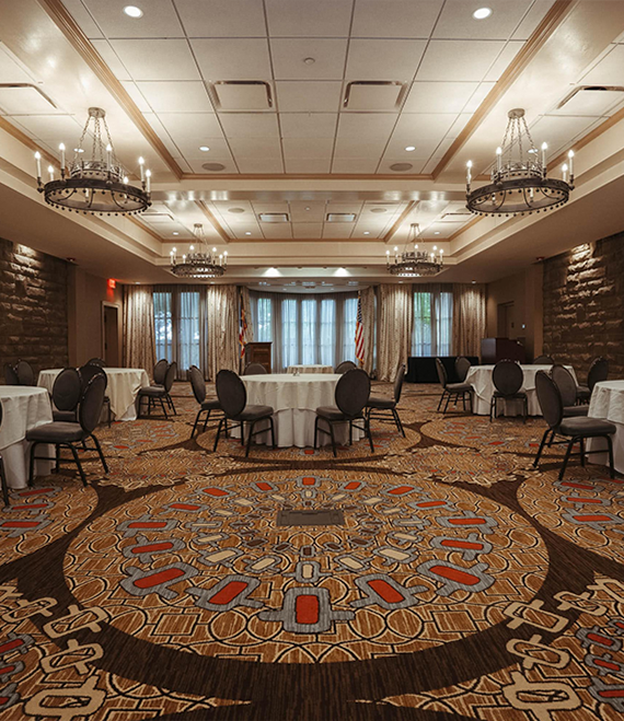 a room with tables and chairs