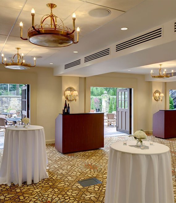 a room with tables and chairs