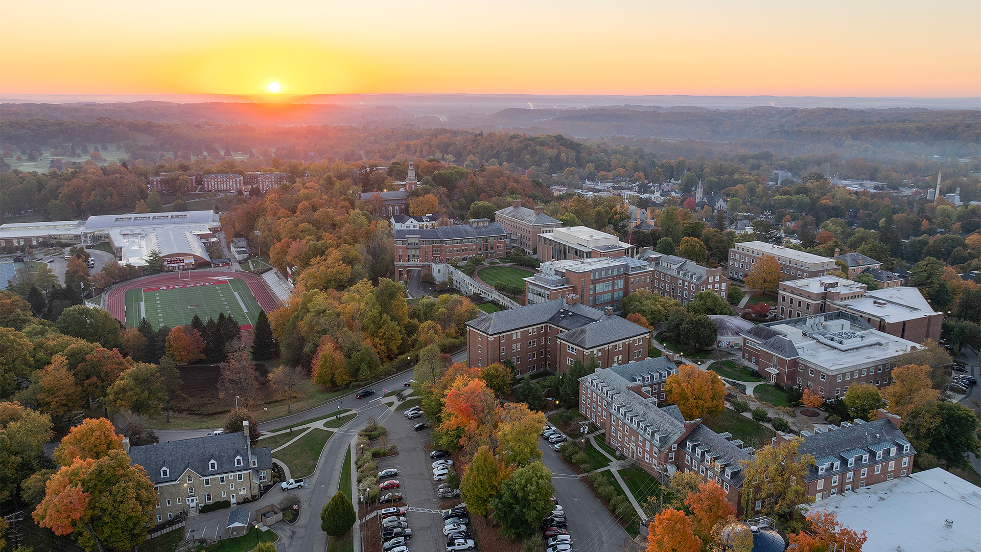 a aerial view of a city with trees and buildings