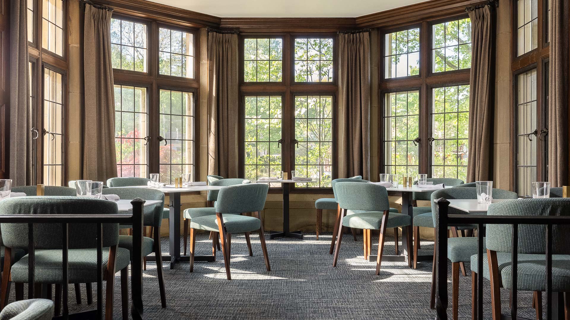 a room with tables and chairs
