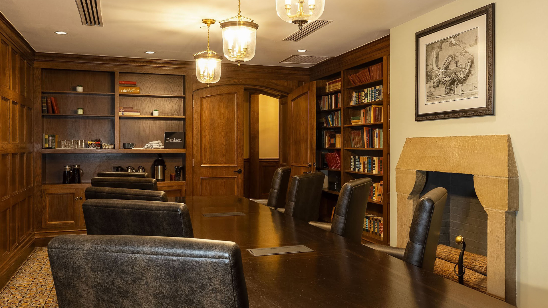 a room with a table and chairs