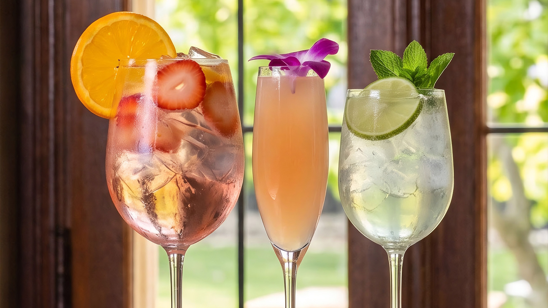 a group of glasses with different colored drinks