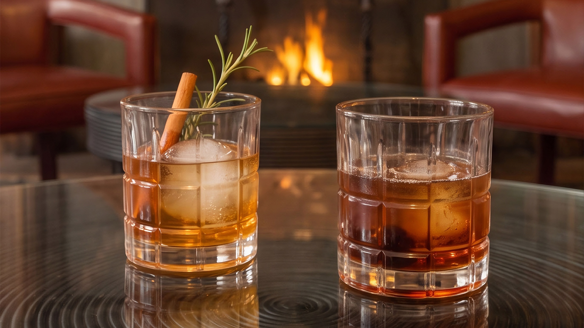 two glasses of alcohol with a rosemary sprig on top