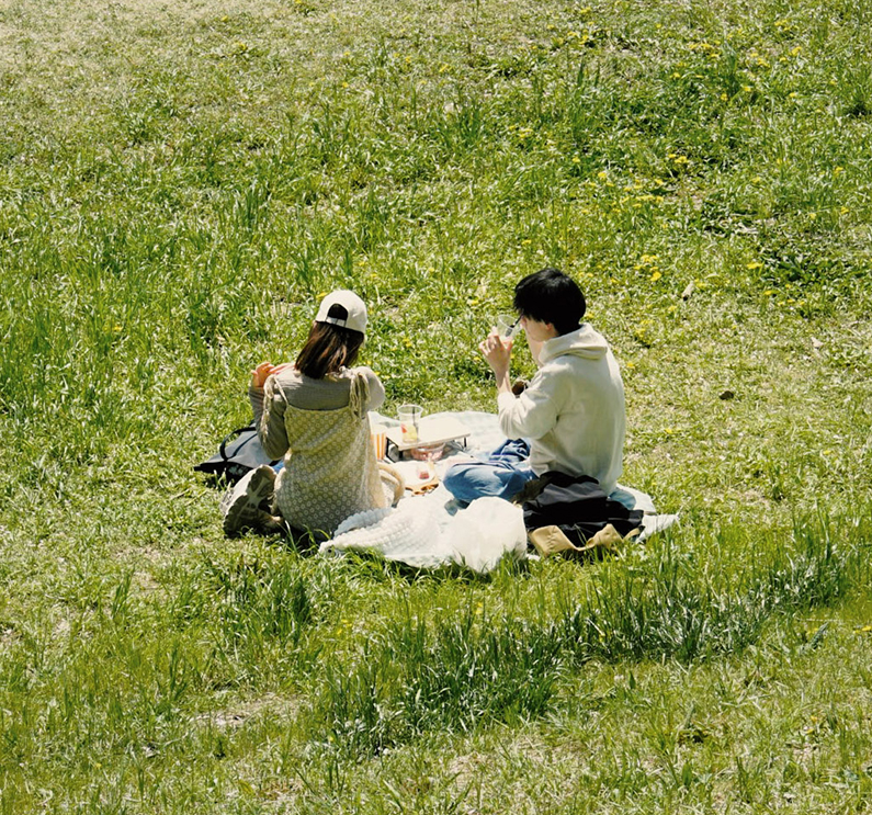 a couple of people sitting on a blanket in a grassy area