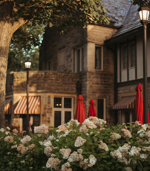 a building with a tree and flowers