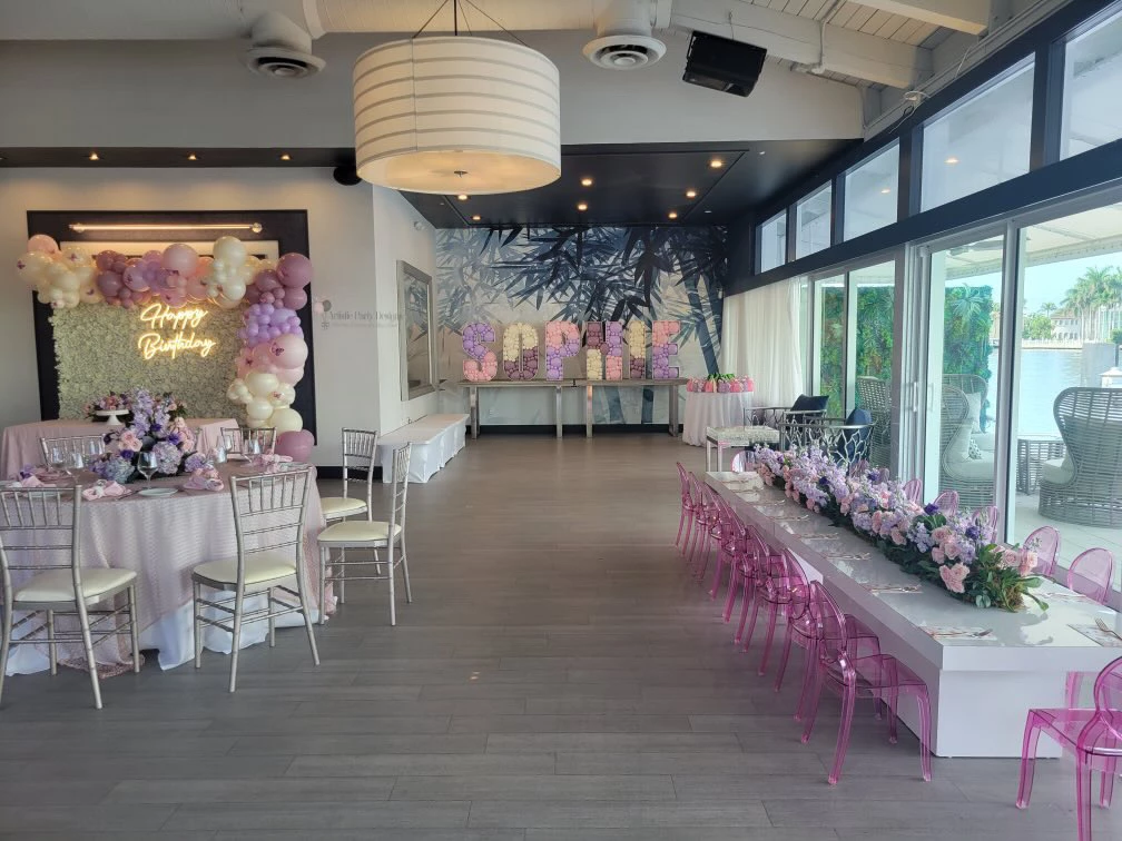 a room with tables and chairs