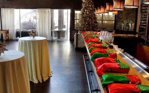 a table with red and green cloths