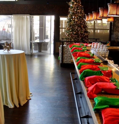 a table with red and green cloths
