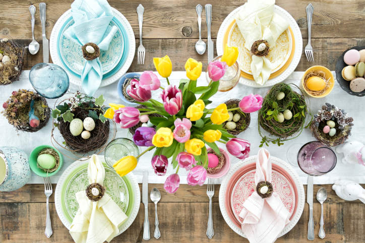 dinner table setting with easter decor