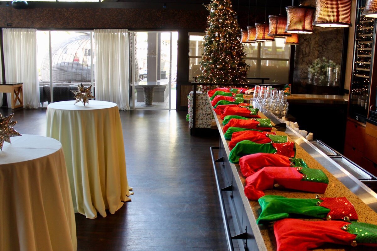 a table with red and green cloths