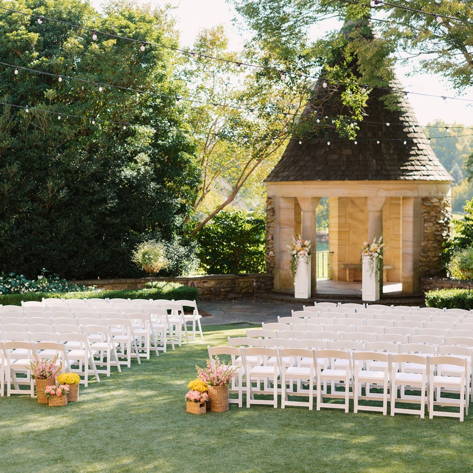 a wedding ceremony set up in Graylyn's White Garden