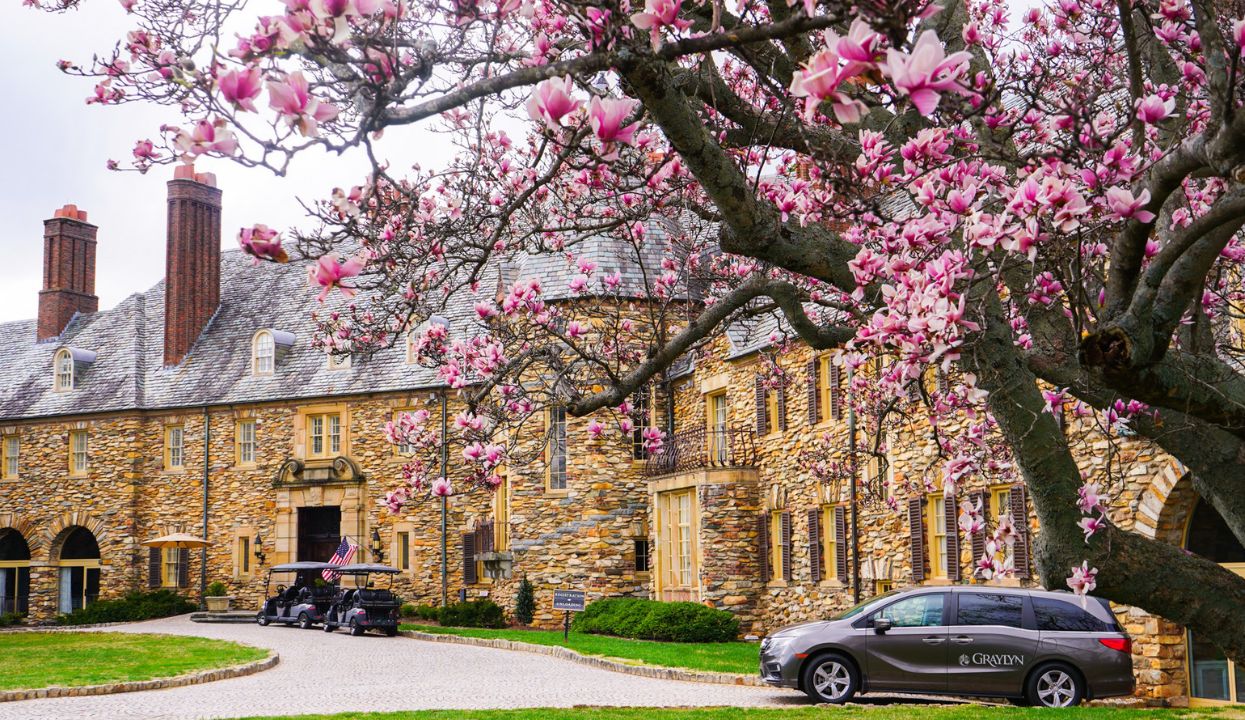 The Graylyn French Normandy manor house with a magnolia tree in bloom