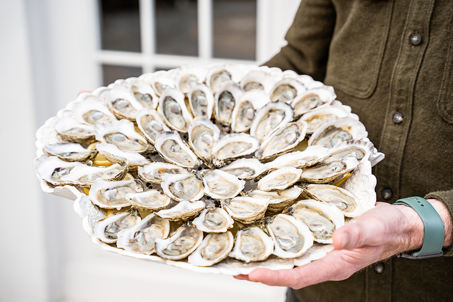 a person holding a plate of oysters