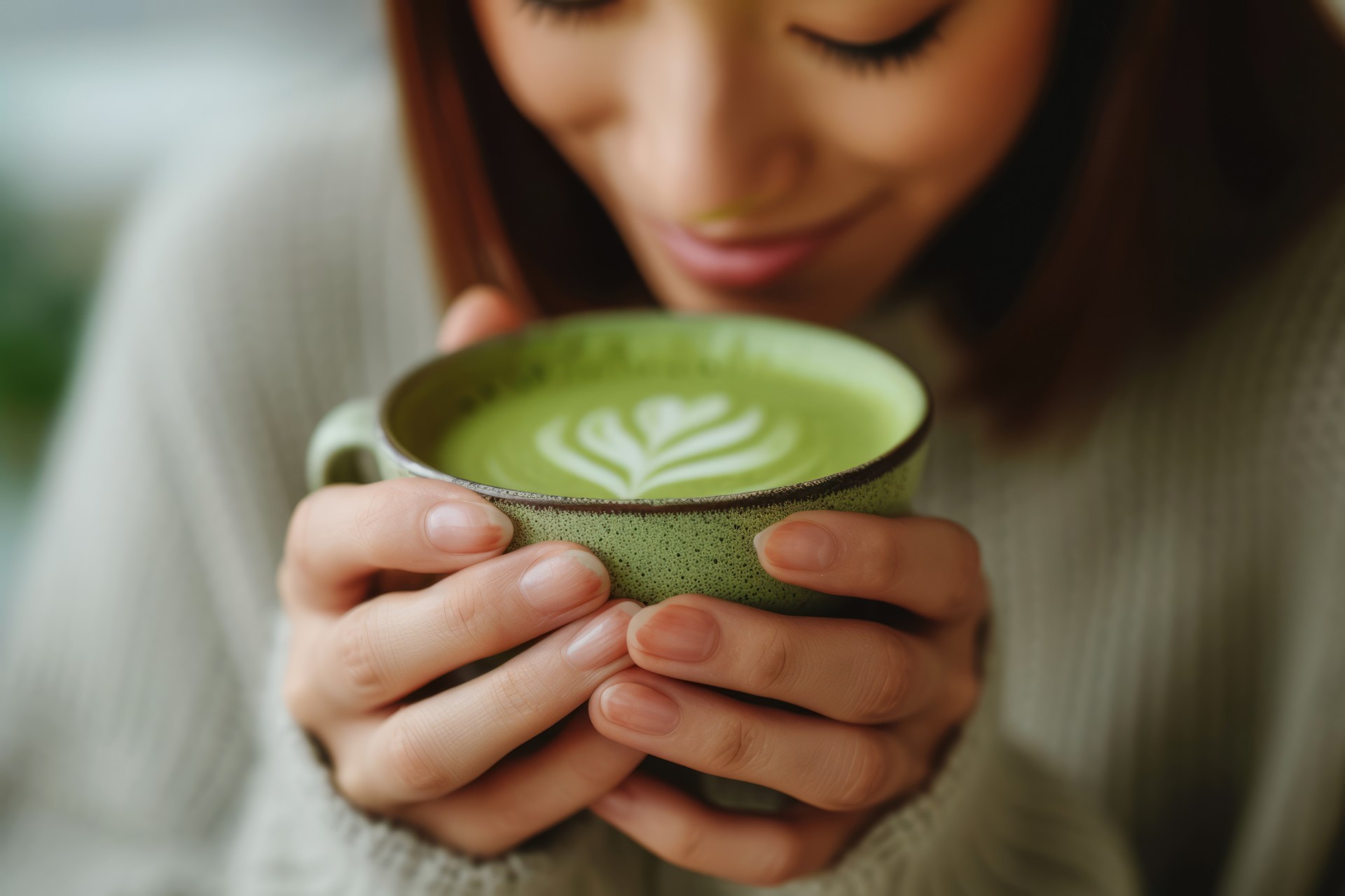 a woman holding a cup of green tea