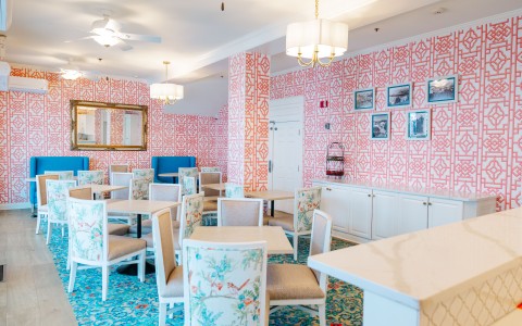 a room with tables and chairs