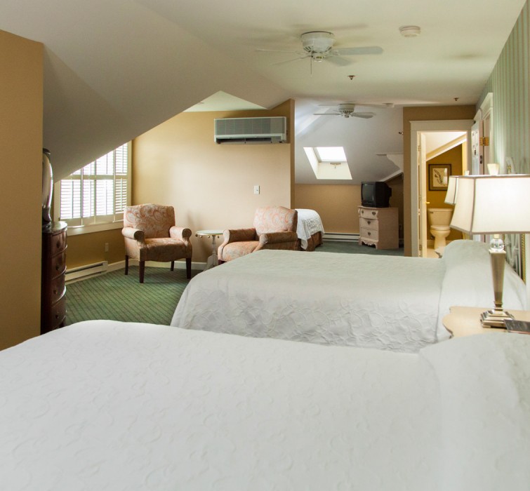 Internal view of a room with two big beds and some lamps