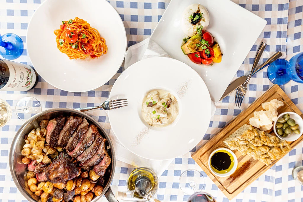 a table with plates of food